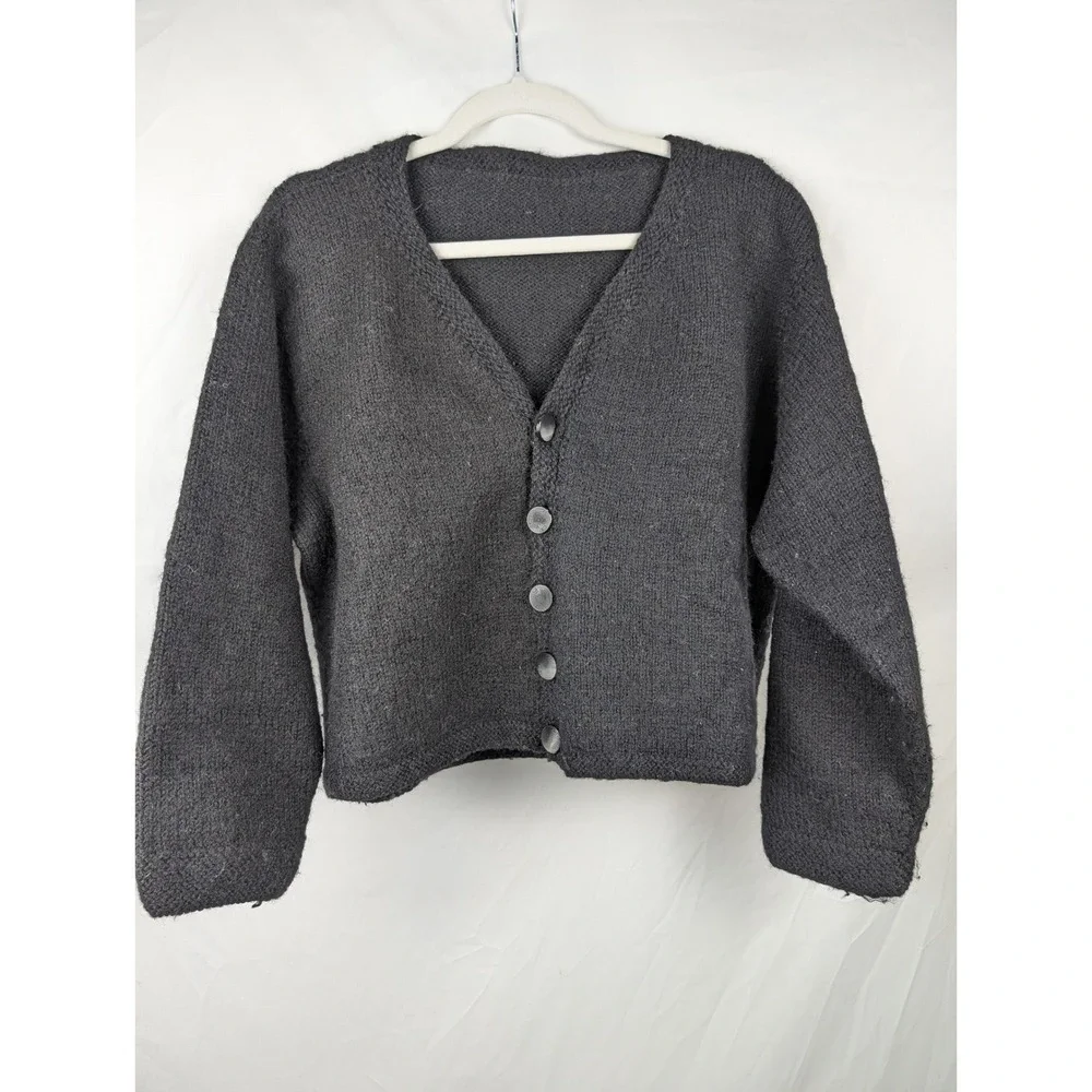 Handmade Chunky Knit‎ Wool Button Cardigan Size M Black Preppy Oversized Minimal